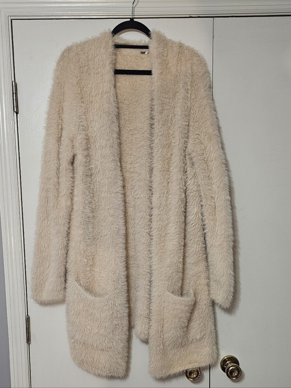 Free People Faux Fur Open-Front Cardigan - Cream/Almond Sz Lg (Oversized)